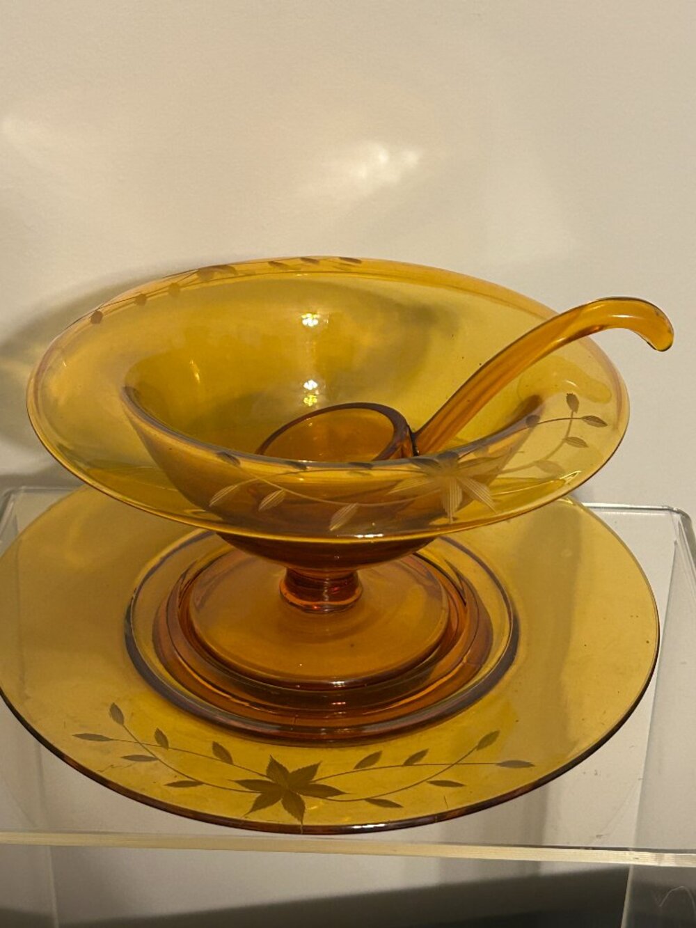 3 Pc Vintage Etched Amber Depression Glass Mayonnaise Set Ladle Plate Bowl